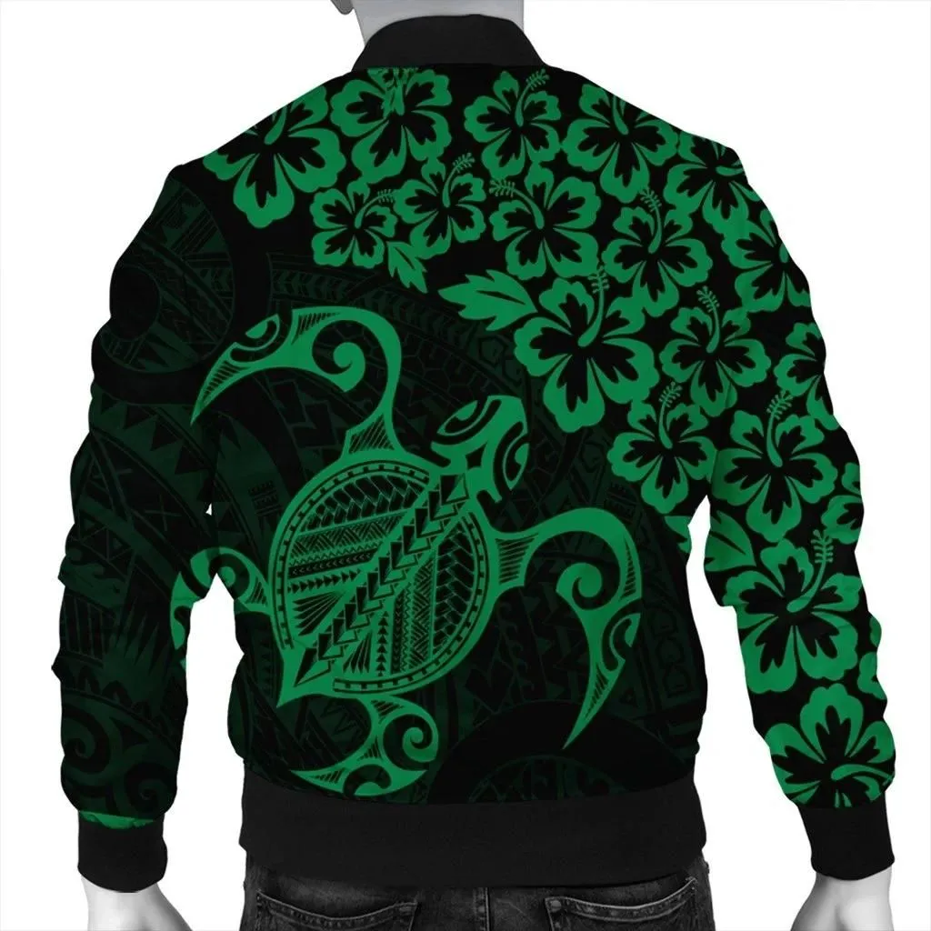 FamilyGater Jacket - Hawaiian Map Turtle Hibiscus Kanaka Polynesian Bomber Jacket - Green - AH - J4R