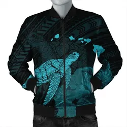 Alohawaii Jacket - Hawaii Polynesian Hibiscus Turtle Map Bomber Jacket Blue - AH - J5R