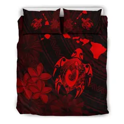Hawaiian Map Turtle Plumeria Hibiscus Fish Hook Polynesian Bedding Set Red - AH - J5