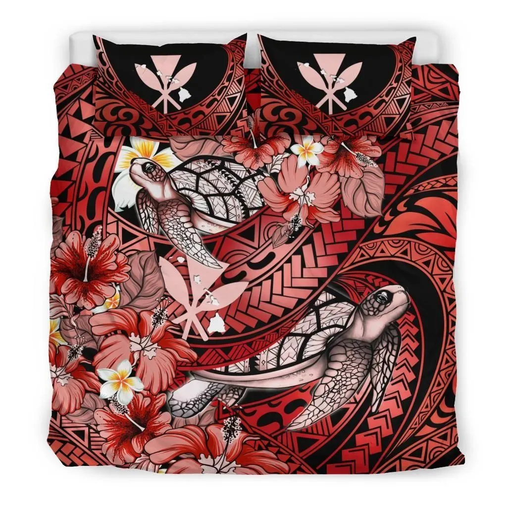 FamilyGater Bedding Set - Cover and Pillow Cases Kanaka Maoli (Hawaiian) - Waves Polynesian Turtle Hibiscus (Red) A24