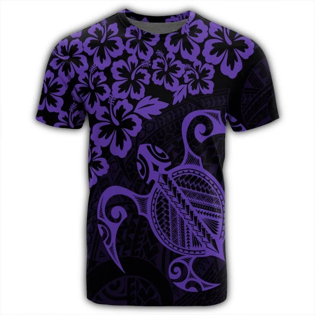 Hawaiian Map Turtle Hibiscus Kanaka Polynesian T-Shirt - Purple - AH