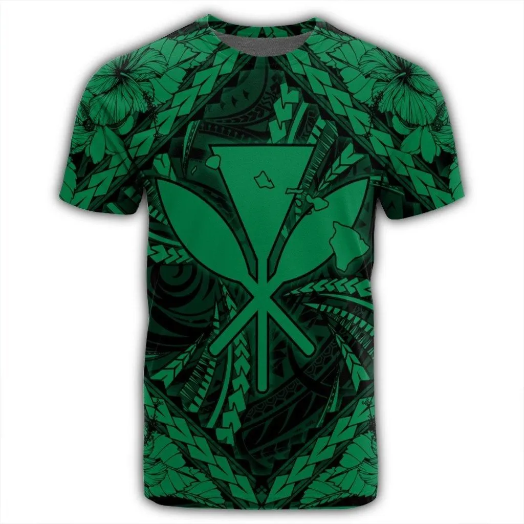 Hawaiian Map Kanaka Hibiscus Green Polynesian T-Shirt - AH