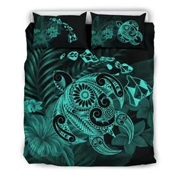 FamilyGater Home Set - Hawaiian Map Turtle Tattoo Hibiscus Plumeria Polynesian Bedding Set - Turquoise - AH - J4