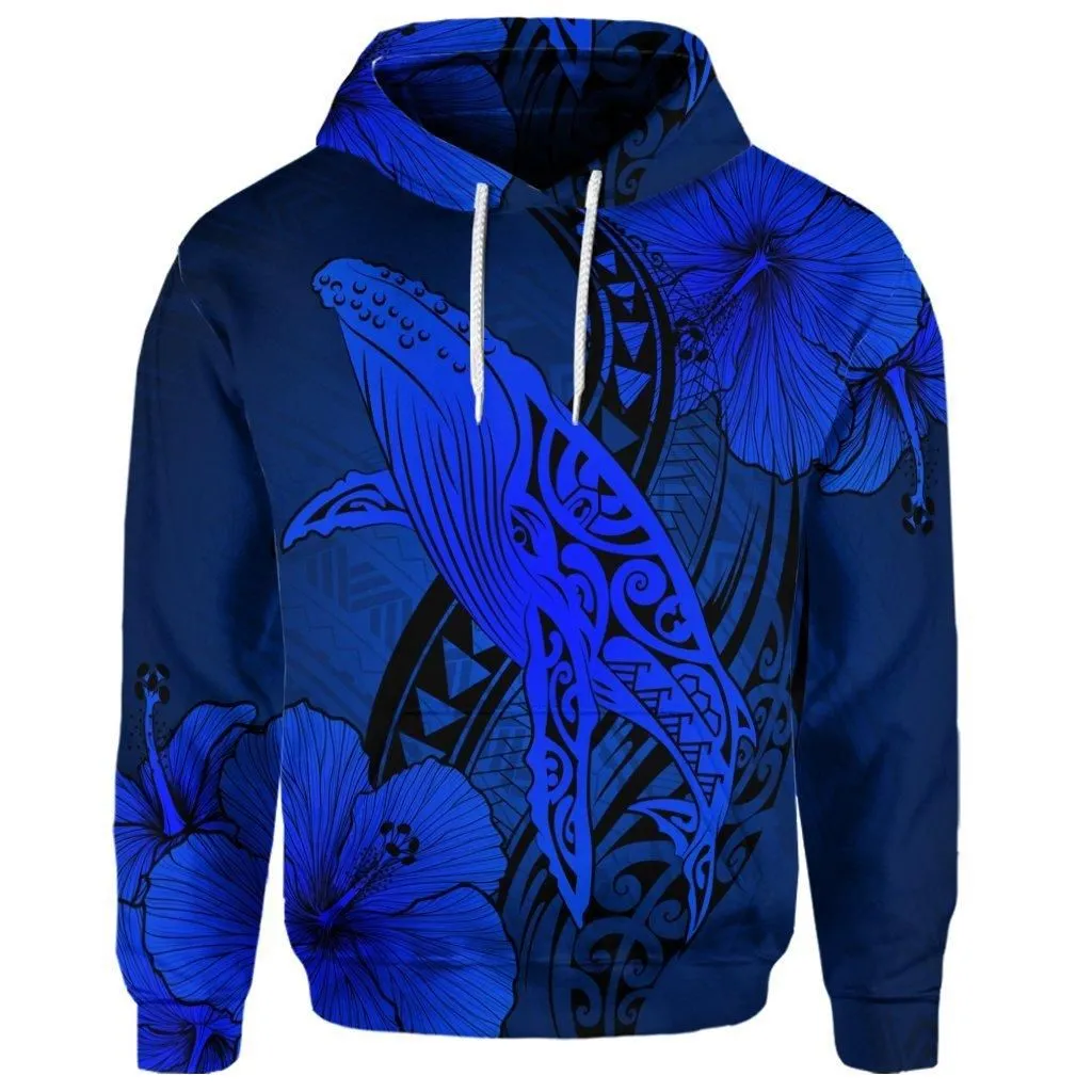 (Personalised) Hawaiian Map Whale Swim Hibiscus Polynesian Hoodie - Blue - AH