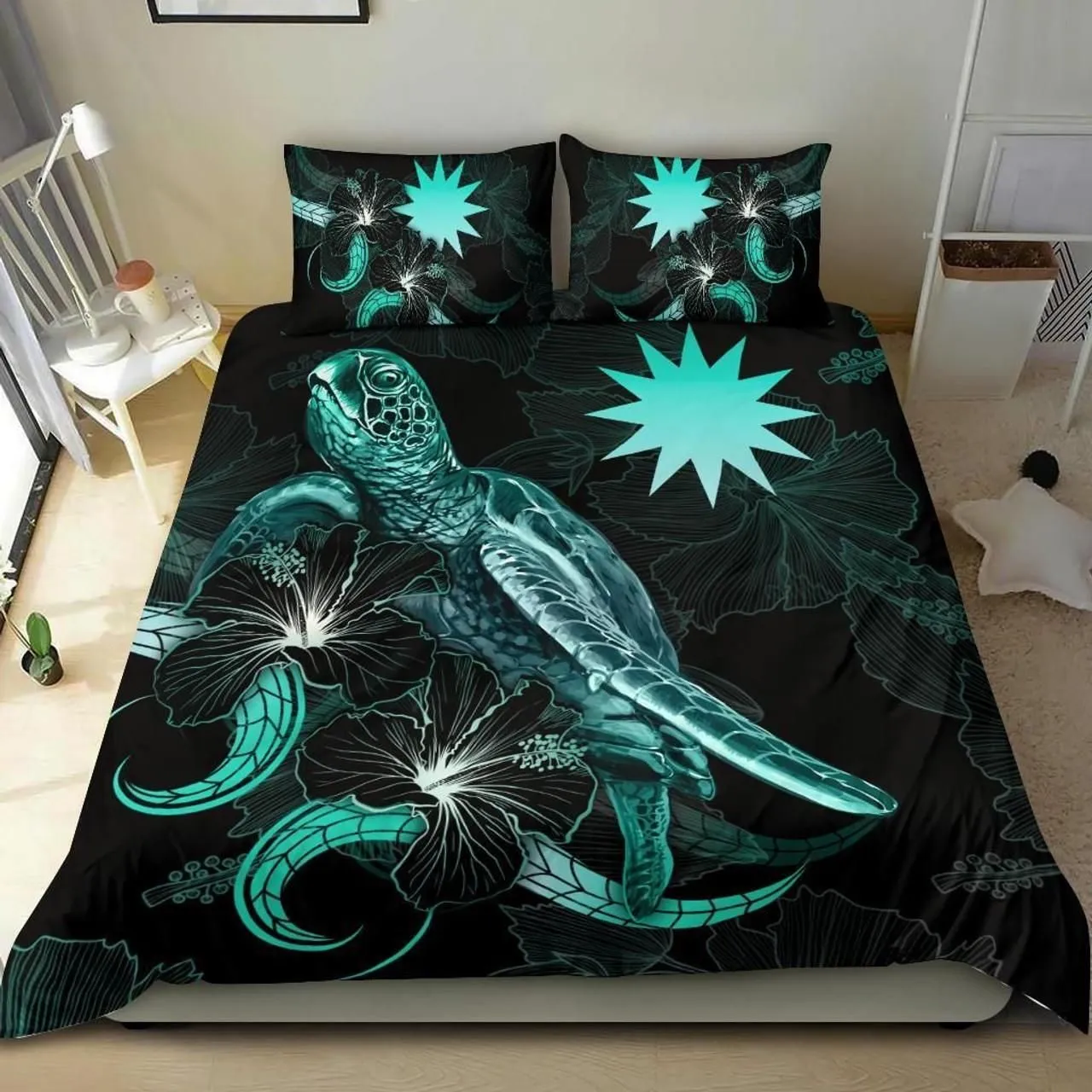 Nauru Polynesian Bedding Set - Turtle With Blooming Hibiscus Turquoise