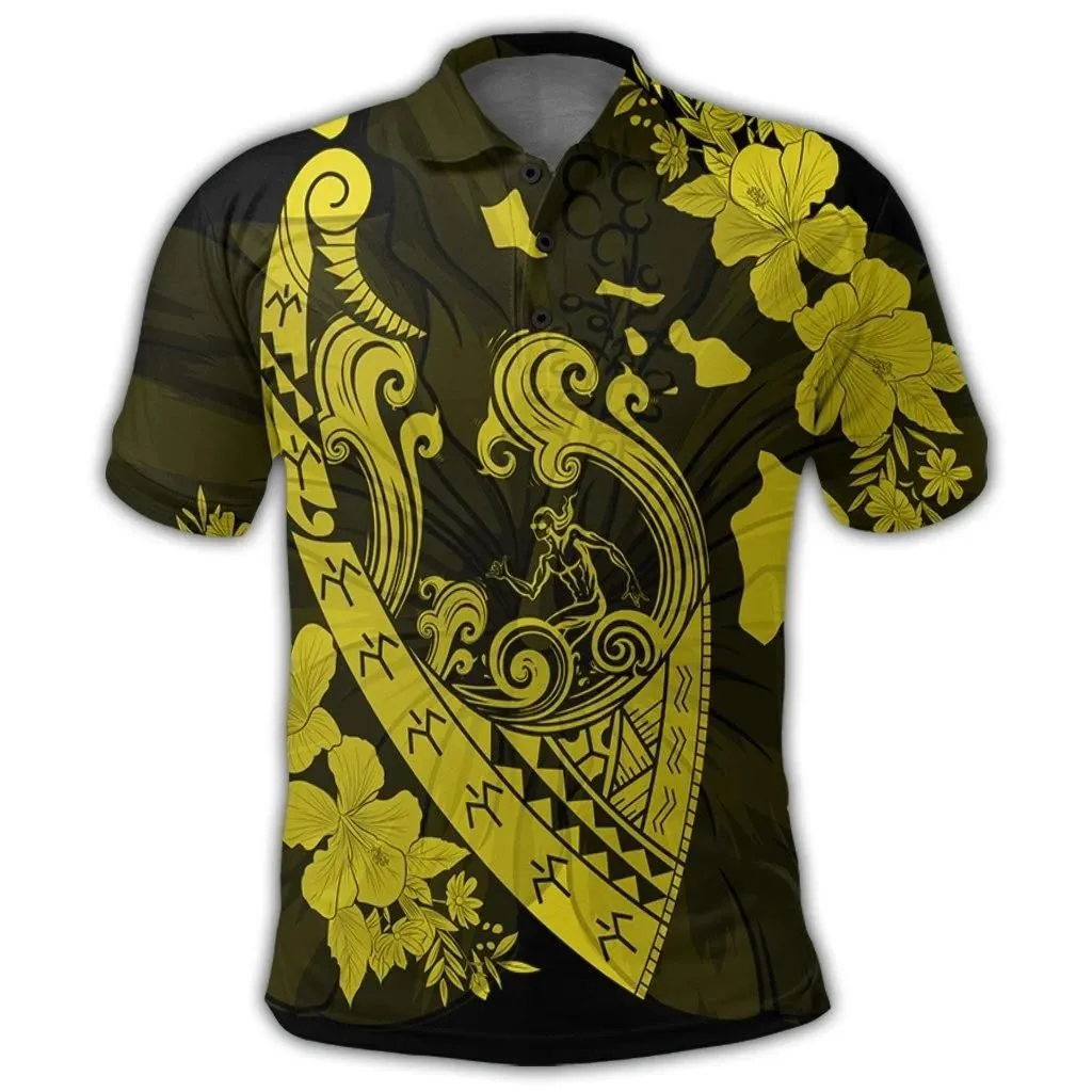 Alohawaii Shirt - Hawaiian Fish Hook Hibiscus Banzai Surfing Polynesian Polo Shirt Yellow - AH - J5R