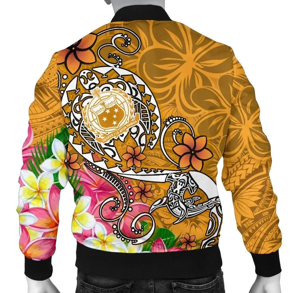 Samoa Custom Personalised Men's Bomber Jacket - Turtle Plumeria (Gold) - BN18