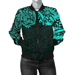 New Zealand Womens Bomber Jacket, Maori Polynesian Tattoo Turquoise