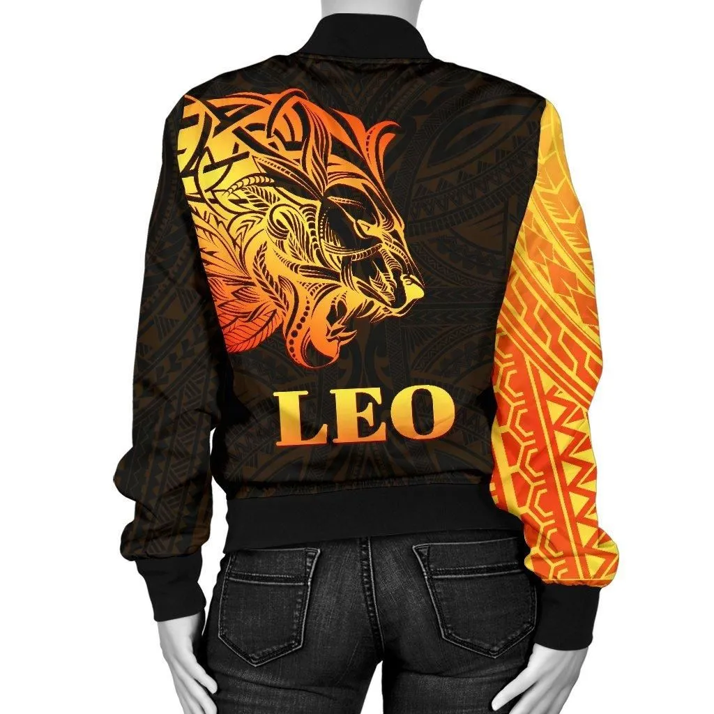 Sun In Leo Zodiac Women Bomber Jacket Polynesian Tattoo Simple - Orange Black