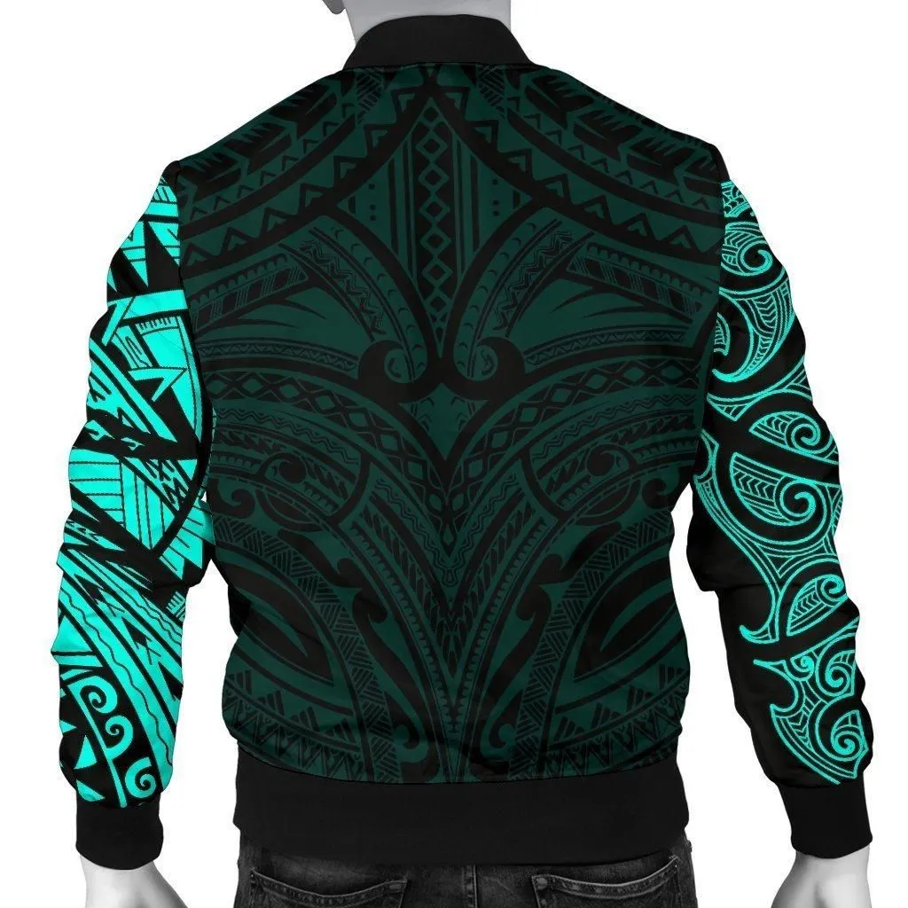 New Zealand Mens Bomber Jacket, Maori Polynesian Tattoo Turquoise