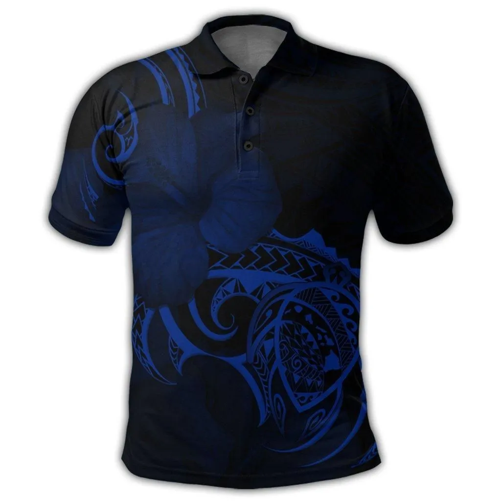 Hawaii Map Turtle Hibiscus Divise Polynesian Polo Shirt Blue - AH