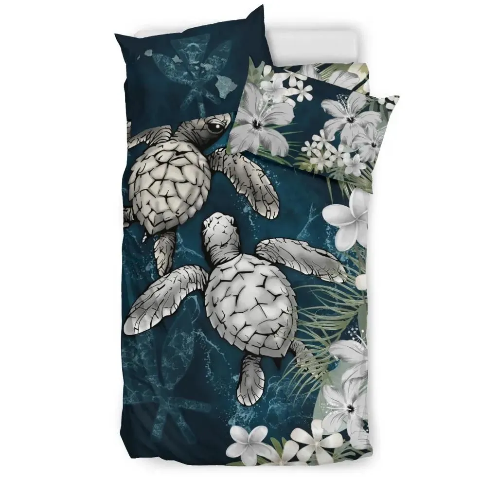 FamilyGater Bedding Set - Cover and Pillow Cases Kanaka Maoli (Hawaiian) - Sea Turtle Tropical Hibiscus And Plumeria White A24