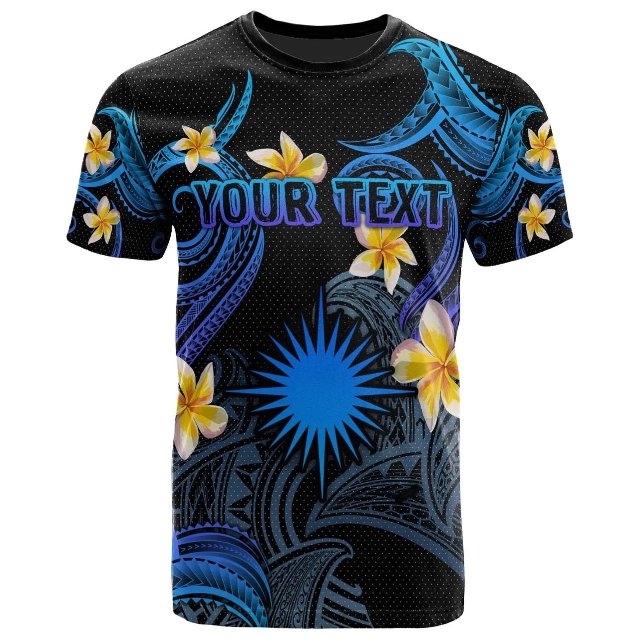 Marshall Islands T-shirt - Custom Personalised Polynesian Waves with Plumeria Flowers (Blue)