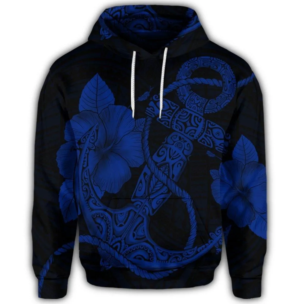 Hawaiian Anchor Poly Tribal Hibiscus Polynesian Hoodie Blue