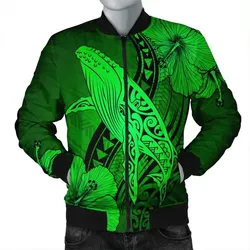 FamilyGater Jacket - Hawaiian Map Whale Swim Hibiscus Polynesian Bomber Jacket - Green - AH - J6R