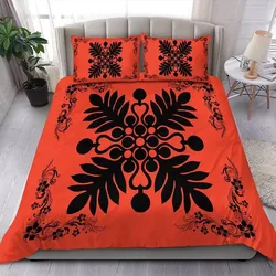 Alohawaii Home Set - Hawaiian Quilt Maui Plant And Hibiscus Pattern Bedding Set - Black Orange - AH J8
