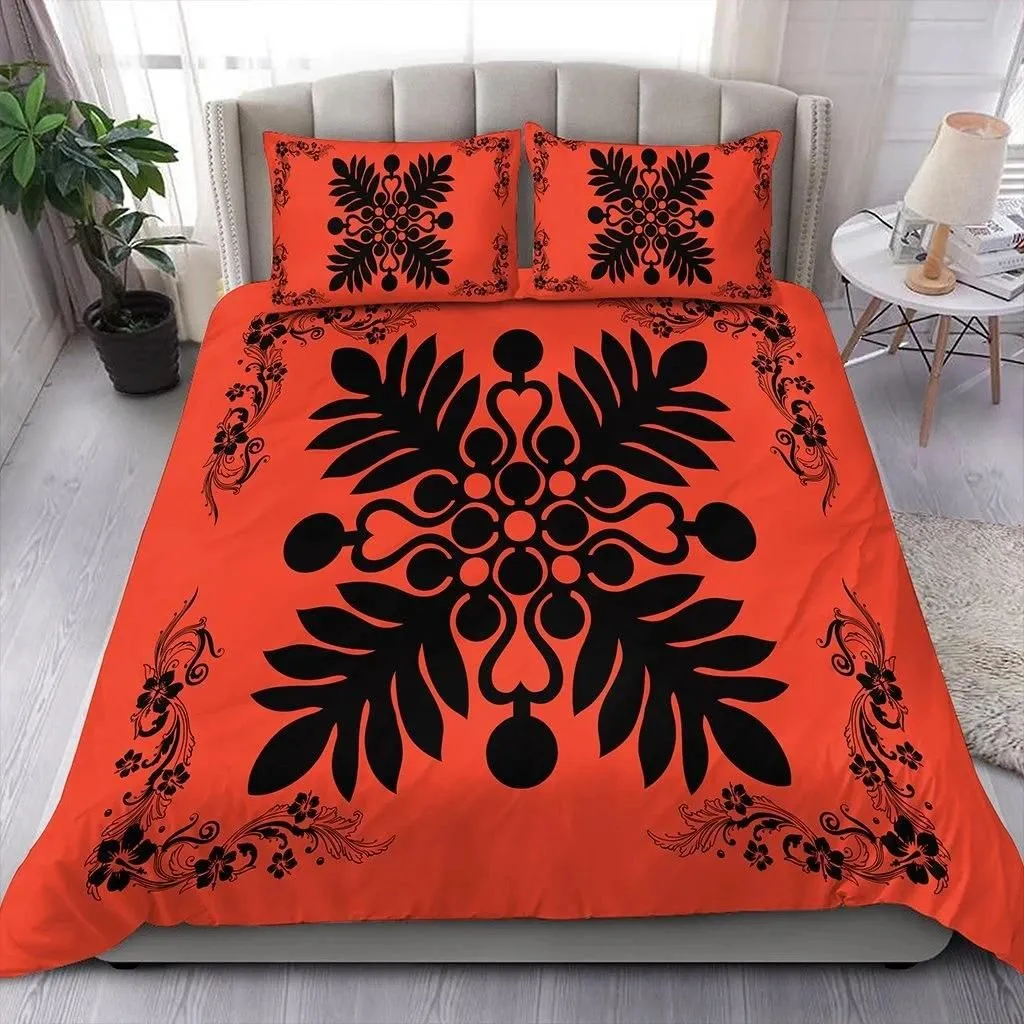 Alohawaii Home Set - Hawaiian Quilt Maui Plant And Hibiscus Pattern Bedding Set - Black Orange - AH J8