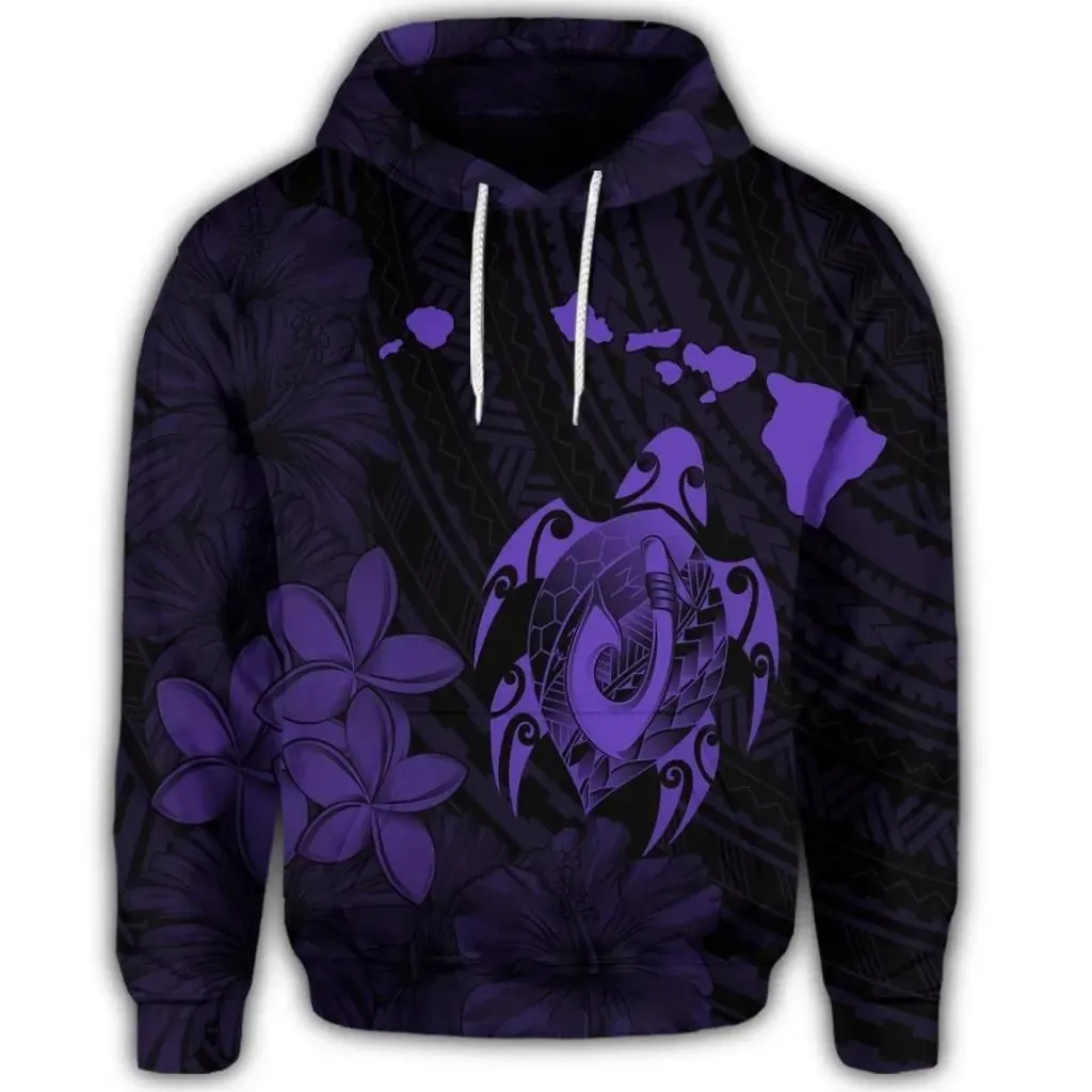 Alohawaii Hoodie - Hawaiian Map Turtle Plumeria Hibiscus Fish Hook Polynesian Hoodie Purple - AH - J5R