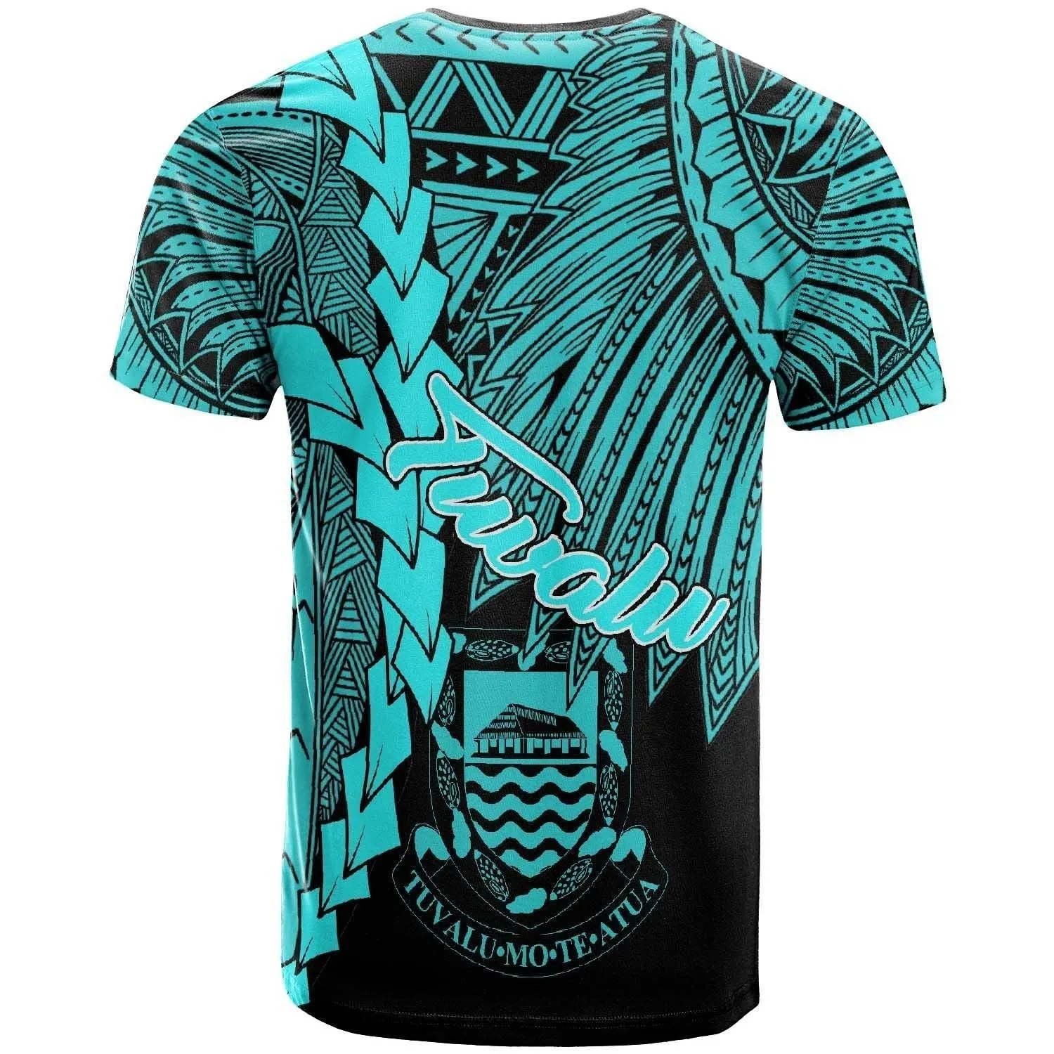 Tuvalu Polynesian T shirt - Tribal Wave Tattoo Neon Blue