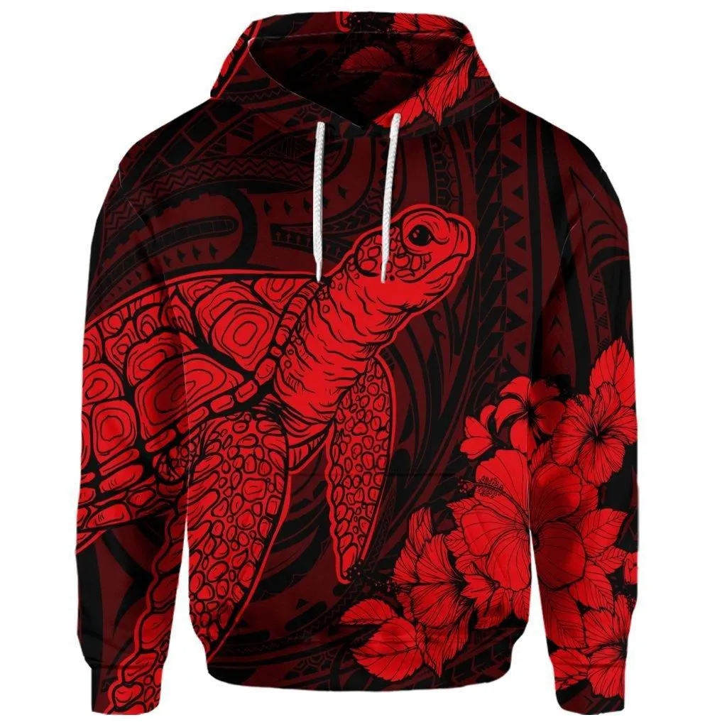 (Personalised) Hawaiian Hibiscus Memory Turtle Polynesian Hoodie Red - AH