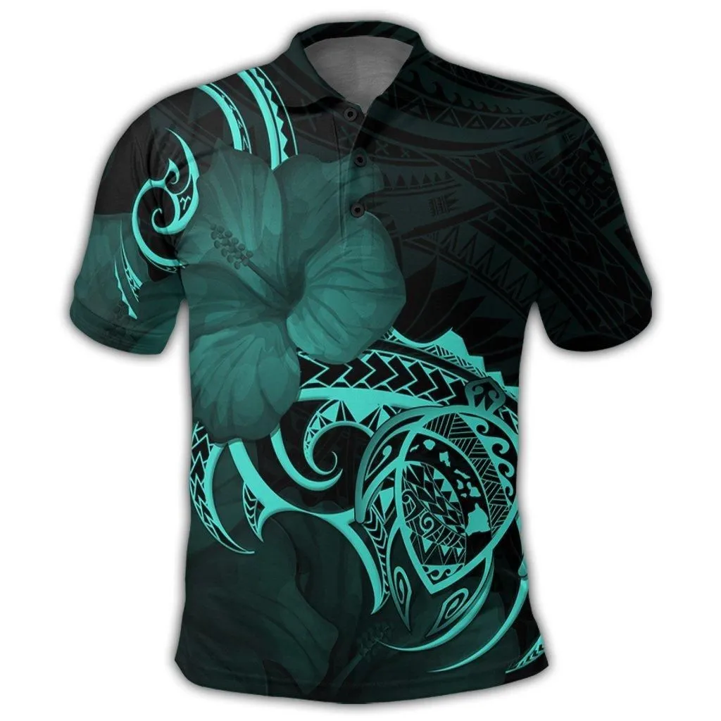 Hawaii Map Turtle Hibiscus Divise Polynesian Polo Shirt Turquoise - AH