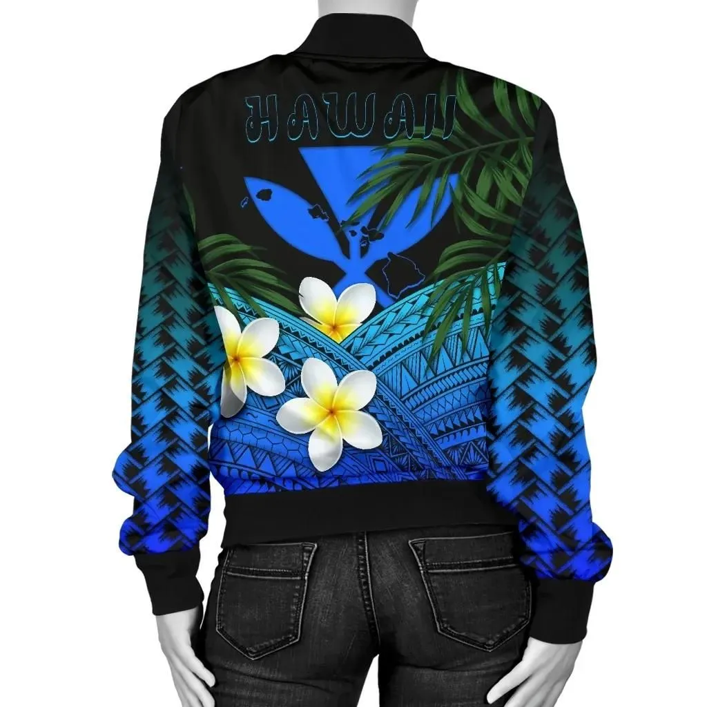 Alohawaii Jacket - Bomber Jacket Kanaka Maoli (Hawaiian) Polynesian Plumeria Banana Leaves Blue A02