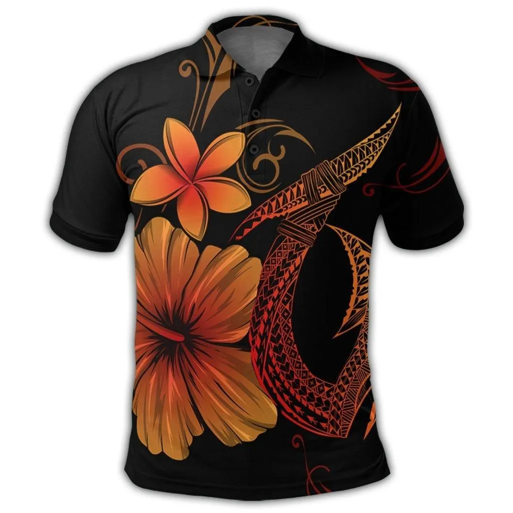 Hawaiian Fish Hook Hibiscus Plumeria Polynesian Polo Shirt - Orange - AH