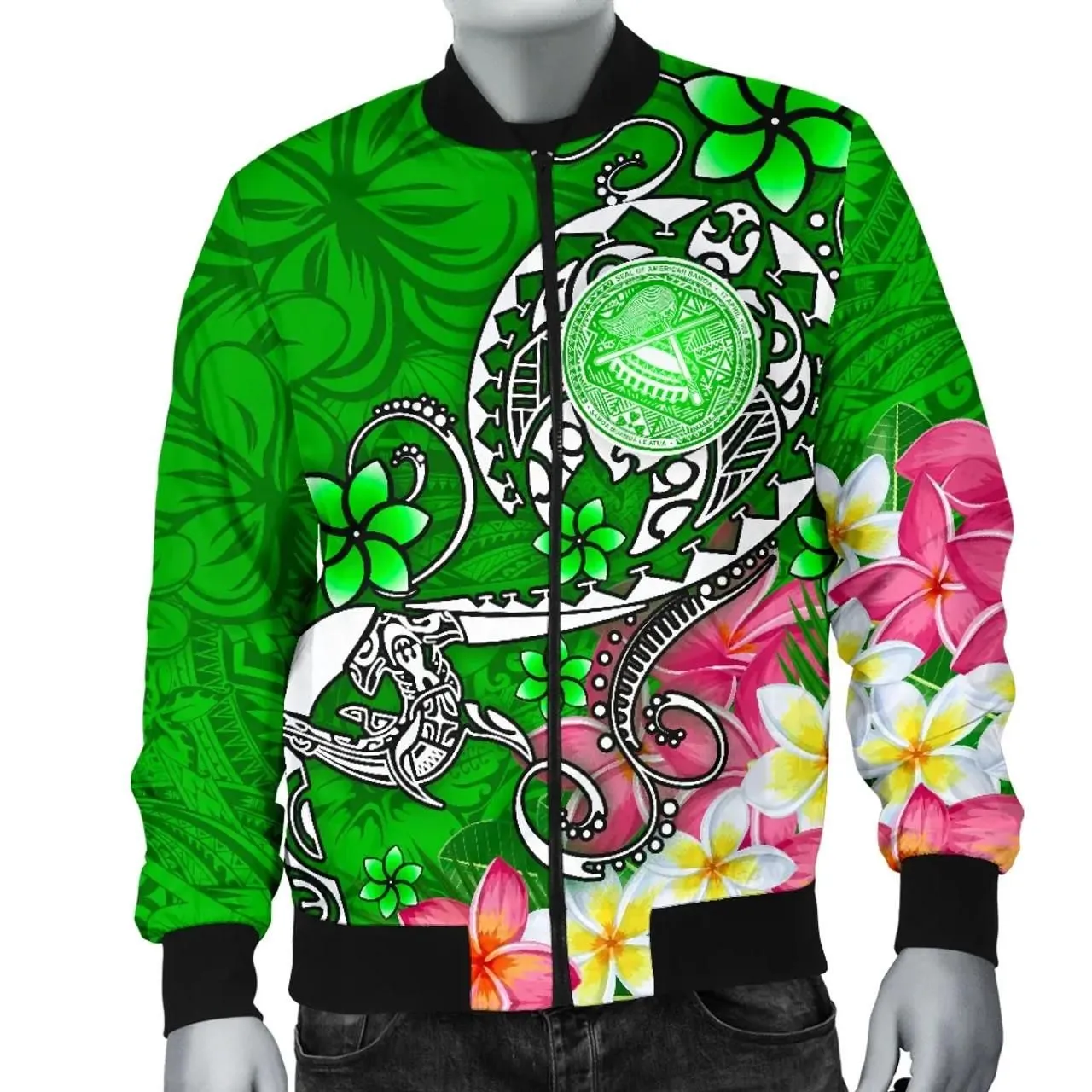 American Samoa Polynesian Bomber Jacket - Turtle Plumeria (Green)