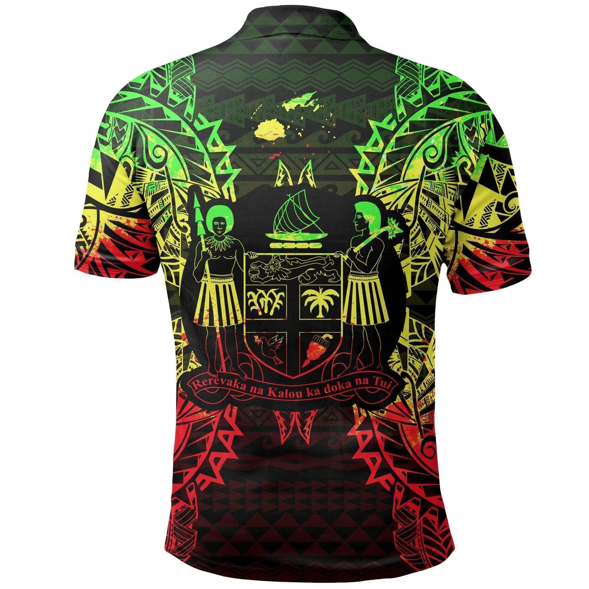 Fiji Polo Shirt - Fiji Coat Of Arms Map Polynesian Tattoo Reggae