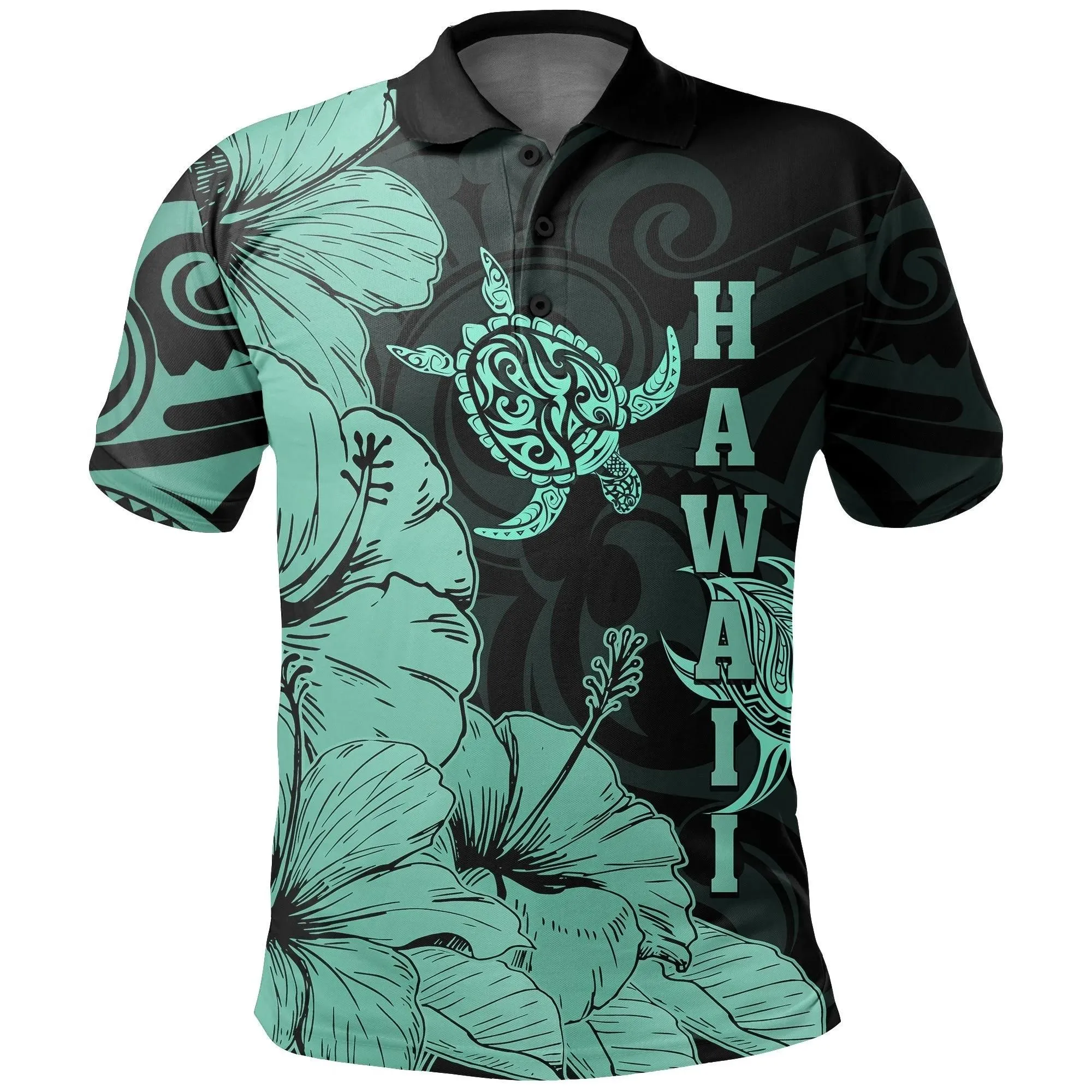 Hawaii Turtle Polo Shirt Polynesian Hibiscus Art Ver 2.0 Turquoise AH J1