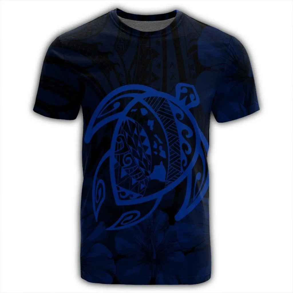 Hawaiian Map Turtle Kanaka Hibiscus Polynesian T-Shirt - Blue - AH
