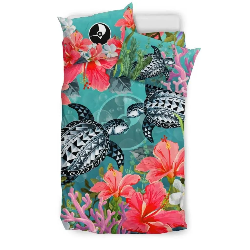 FamilyGater Bedding Set - Cover and Pillow Cases Yap - Polynesian Turtle Hibiscus And Seaweed A24