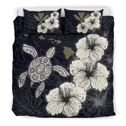 Alohawaii Bedding Set - Cover and Pillow Cases Hawaiian Hibiscus Turtle Polynesian - Maps Style Black A10