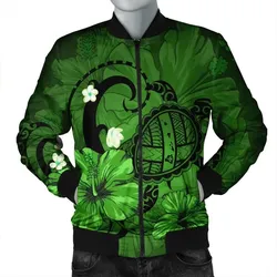 FamilyGaterJacket - Hawaiian Map Big Turtle Hibiscus Plumeria Tribal Polynesian Bomber Jacket - Green - AH - J6R