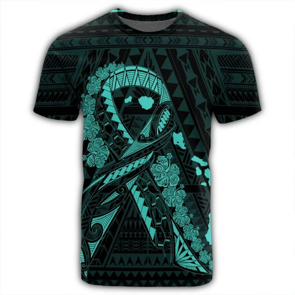Hawaiian Map Heart Ribbon Cancer Hibiscus Turquoise Polynesian T-Shirt - AH