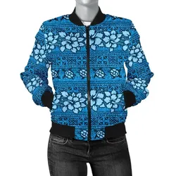 Alohawaii Jacket - Bomber Jacket Fiji Tapa¬†Hibiscus¬†Blue¬†A7