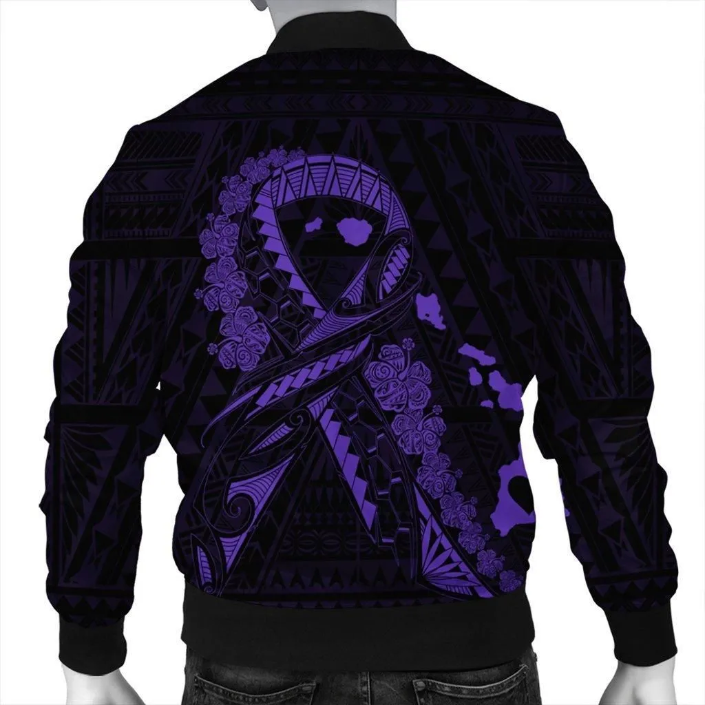 Hawaiian Map Heart Ribbon Cancer Hibiscus Purple Polynesian Bomber Jacket - AH