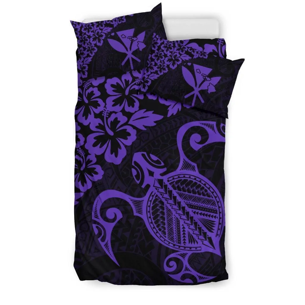 Hawaiian Map Turtle Hibiscus Kanaka Polynesian Bedding Set - Purple - AH J4
