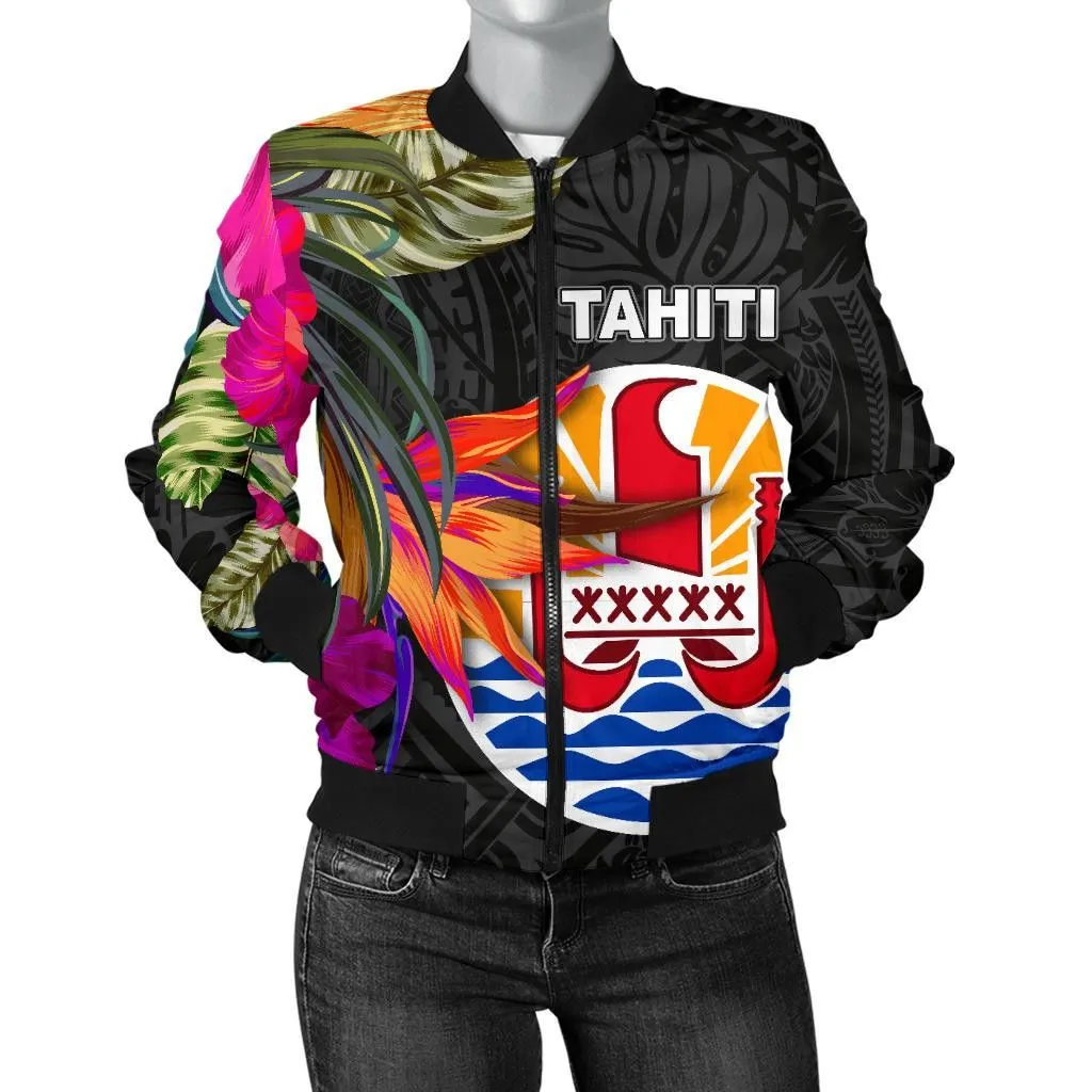 Tahiti Women's Bomber Jacket - Polynesian Hibiscus Pattern - BN39