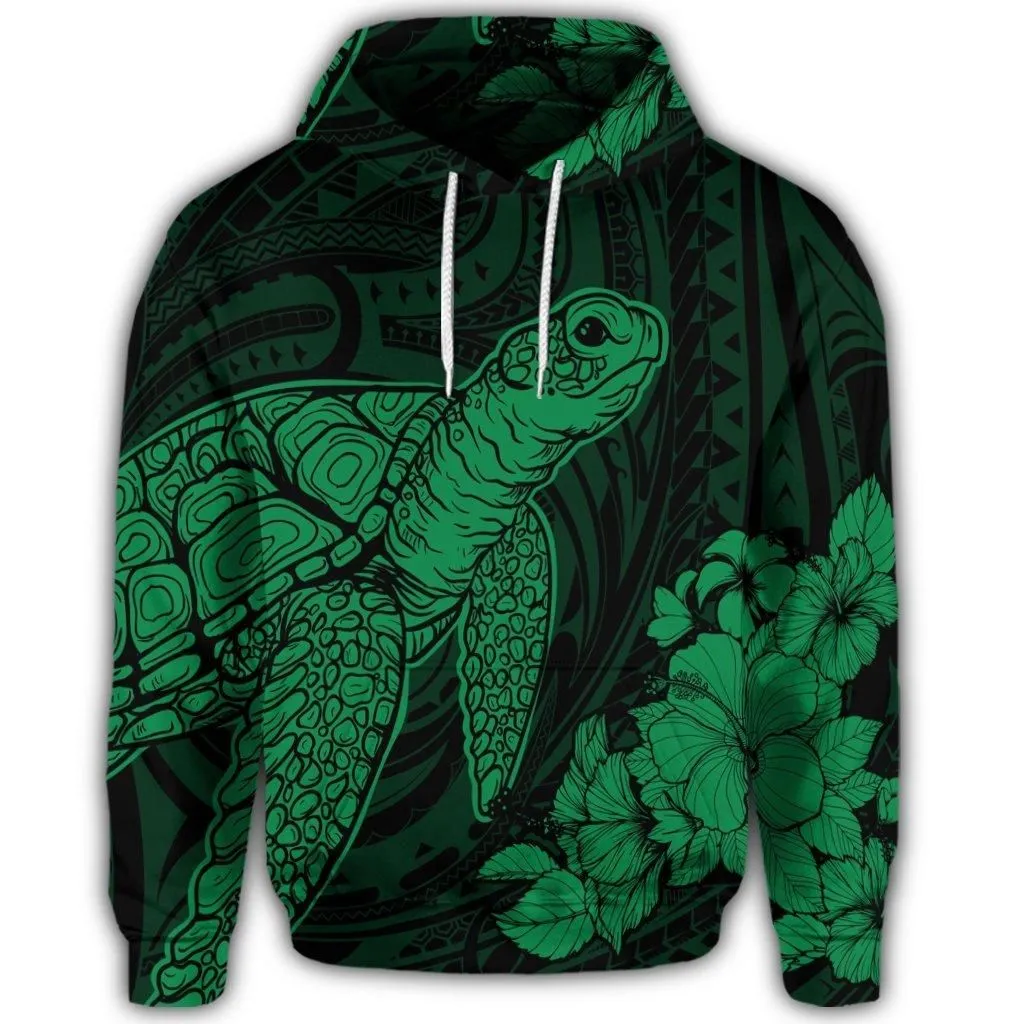 Hawaiian Hibiscus Memory Turtle Polynesian Hoodie Green