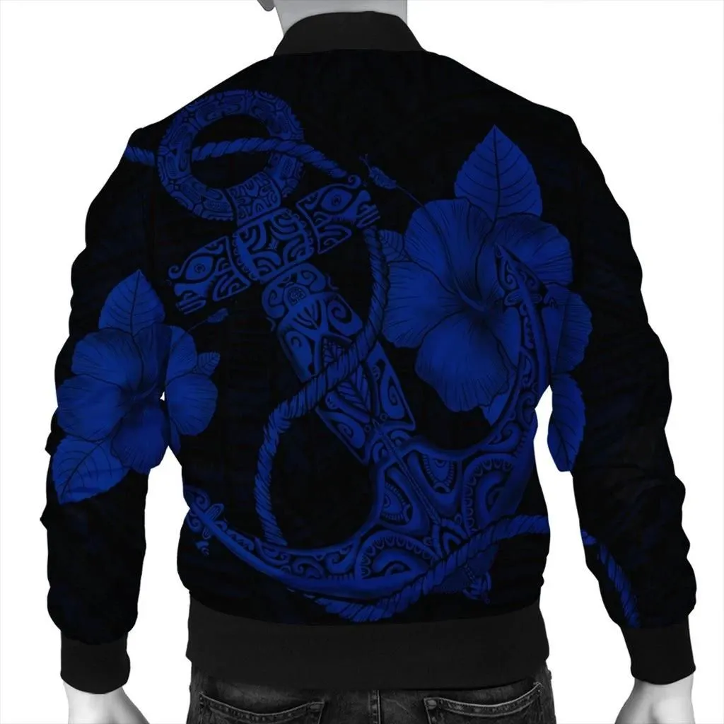 Alohawaii Jacket - Hawaiian Anchor Poly Tribal Hibiscus Polynesian Bomber Jacket Blue - AH - JR