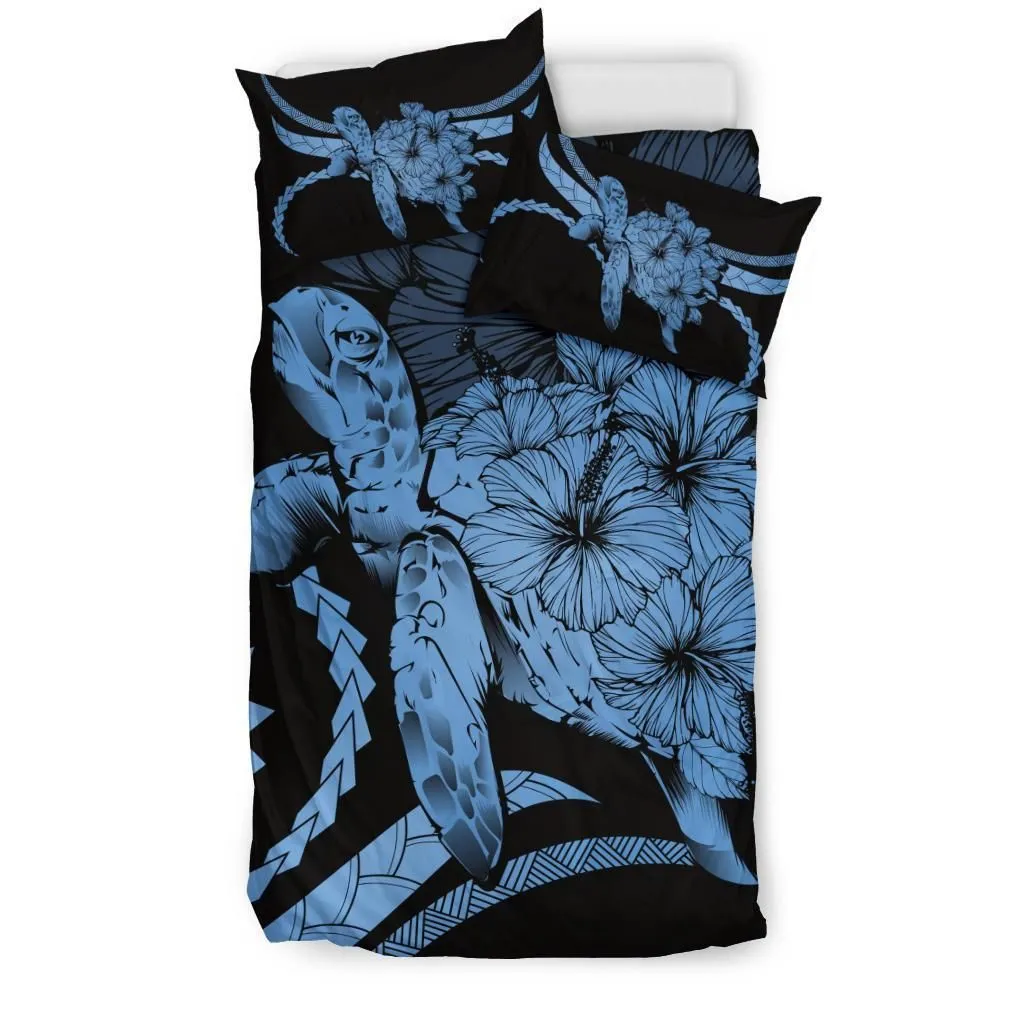 Hawaiian Bedding Set - Hawaii Turtle Hibiscus Polynesian Vintage Bedding Set - Pastel Blue