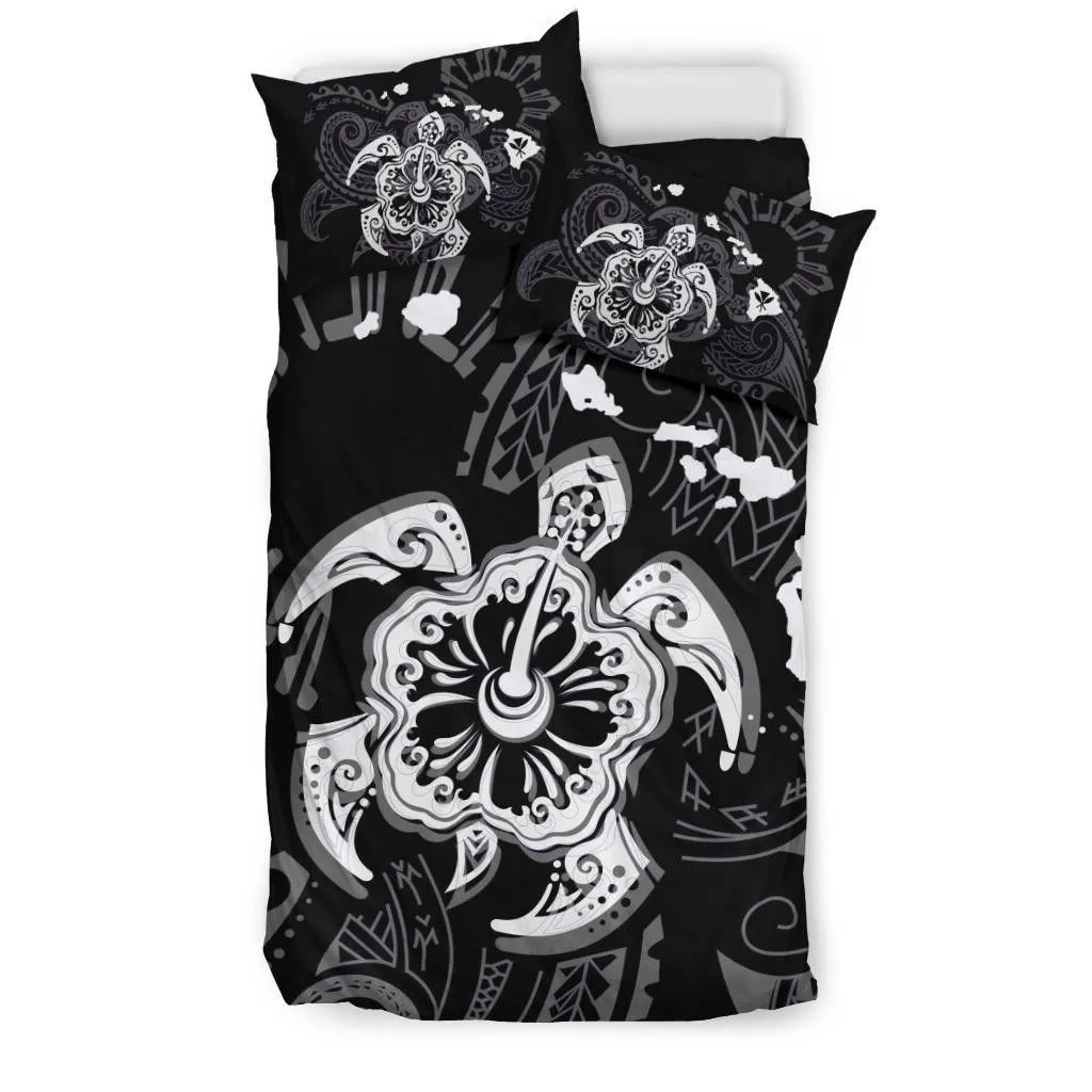 Hawaiian Map Kanaka Hibiscus Turtle White Polynesian Bedding Set - AH - J4