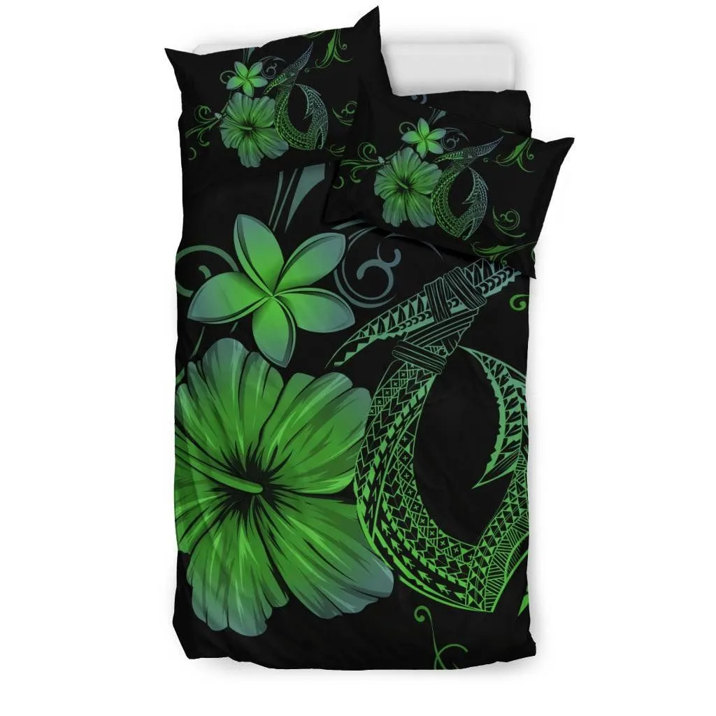 FamilyGater Home Set - Hawaiian Fish Hook Hibiscus Plumeria Polynesian Bedding Set - Green - AH J4
