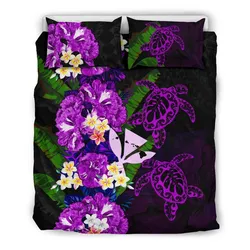 Kanaka Maoli (Hawaiian) Bedding Set - Polynesian Hibiscus Turtle Palm Leaves Purple