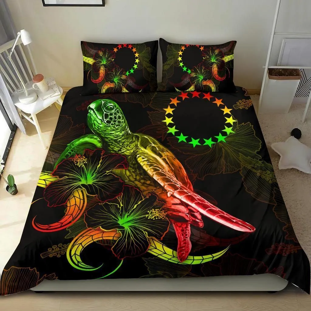 Cook Islands Polynesian Bedding Set - Turtle With Blooming Hibiscus Reggae