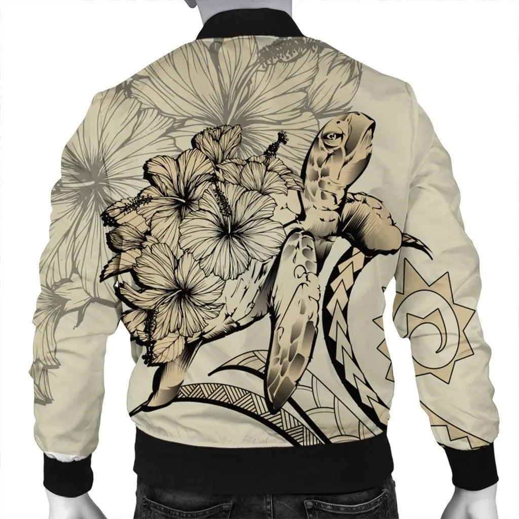 Hawaiian - Hawaii Turtle Hibiscus Polynesian Vintage Bomber Jacket - Beige - AH