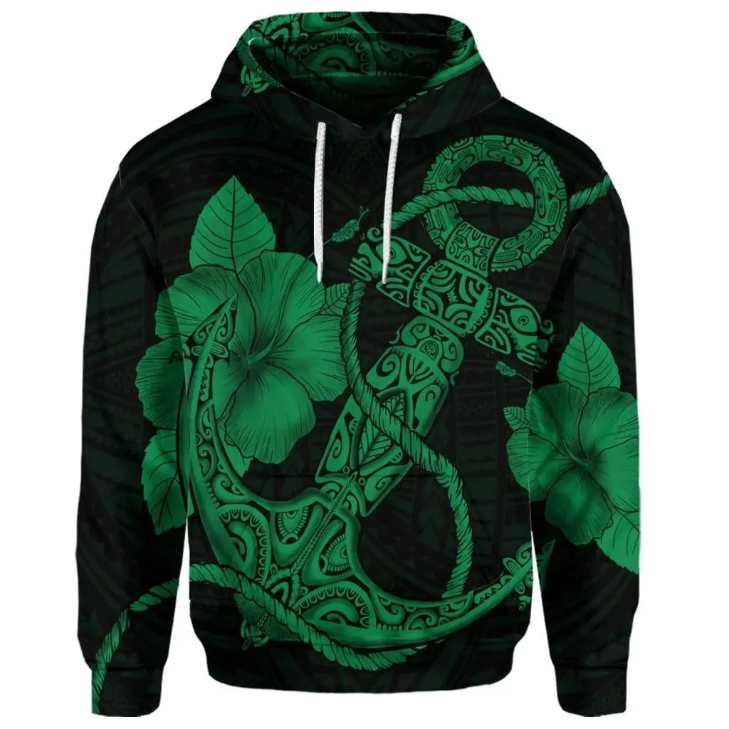 Alohawaii Hoodie - (Personalised) Hawaiian Anchor Poly Tribal Hibiscus Polynesian Hoodie Green - AH - JR