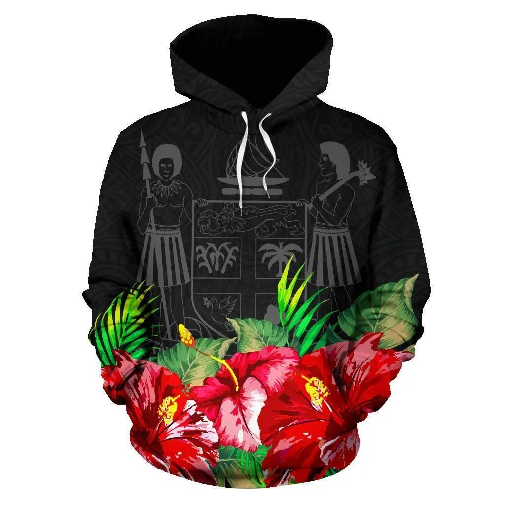 Fiji Polynesian Hoodie Black Hibiscus