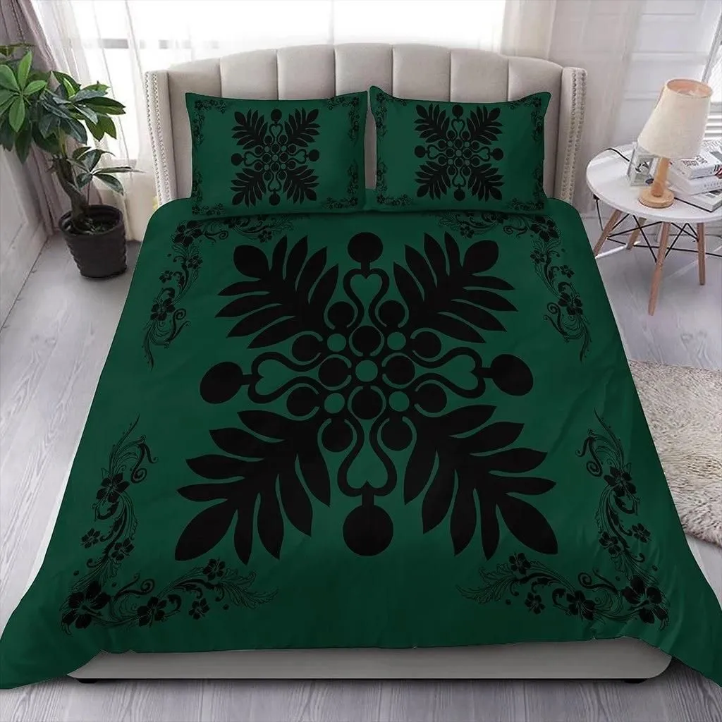 Alohawaii Home Set - Hawaiian Quilt Maui Plant And Hibiscus Pattern Bedding Set - Black Sacramento - AH J8